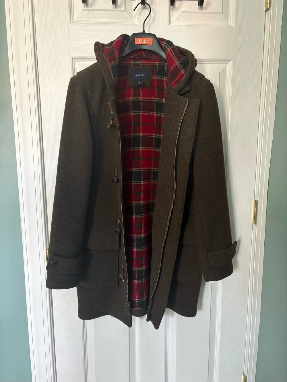 Lands' End Men's Hooded Toggle Pea Coat in Olive with Red Tartan Lining